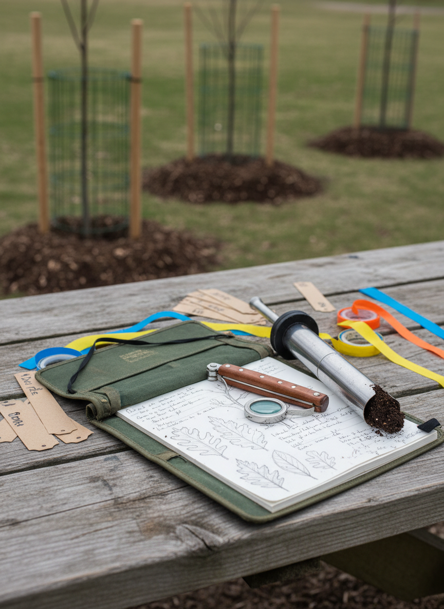 A detailed close-up of a fieldwork toolkit neatly laid out on a rough, weathered picnic table in a park setting: a sturdy, scuffed field notebook open to a page of hand-drawn tree sketches, a stainless steel soil core sampler with traces of rich brown earth, a compact hand lens, biodegradable plant tags, and color-coded flagging tape. Behind them, slightly out of focus, are young newly planted saplings protected by simple guards and mulched circles. Overcast, diffused daylight softens all shadows, emphasizing textures of wood, metal, and paper without harsh contrast. Captured in photographic realism from a low angle with shallow depth of field, the mood is practical, grounded, and quietly determined, evoking evidence-based, hands-on leadership in horticulture and park stewardship.