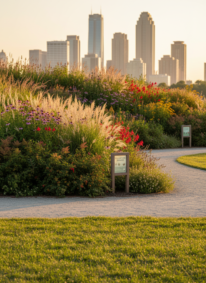 A panoramic, photographic realism view of an urban park edge where a newly implemented, biodiversity-focused planting scheme transforms a once-bare lawn into layered habitat. Tall native grasses sway beside drifts of flowering perennials and low shrubs, all arranged in a deliberate, readable structure that frames a gently curving path of compacted gravel. Interpretive signs about pollinators and sustainable water use stand discretely at the path’s edge. Late afternoon golden-hour sunlight rakes across the scene from the right, catching seed heads and casting long, soft shadows, while distant city buildings fade into a gentle blur. Shot from a slightly elevated angle with sharp focus throughout, the atmosphere is optimistic and forward-looking, reflecting visionary, values-driven leadership in landscape and park management.