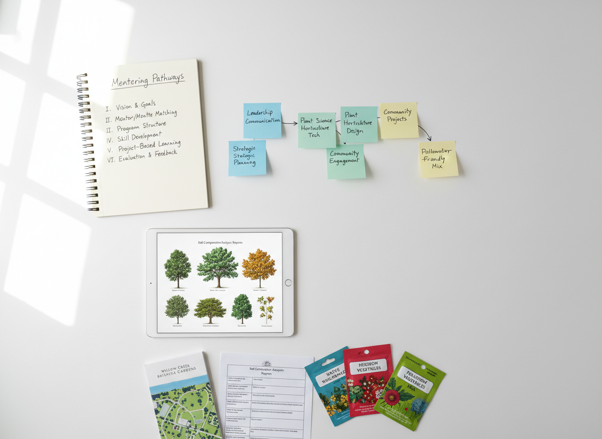 An overhead, photographic realism shot of a large, clean white desk where a structured mentoring program is being planned through objects rather than people. A neatly open notebook shows a carefully written outline labeled “Mentoring Pathways” beside colored sticky notes arranged in a branching diagram, each with tiny, legible handwritten topics like “Leadership,” “Plant Science,” and “Community Projects.” A tablet displays a detailed botanical illustration of native trees, while a set of sample park maps, soil test reports, and seed packets fan out along the edge of the frame. Soft, even daylight from an unseen window illuminates the scene, casting barely-there shadows for a calm, organized atmosphere. The composition uses rule-of-thirds and generous negative space, conveying clarity, structure, and forward-thinking organization for women’s leadership in horticulture and landscape.