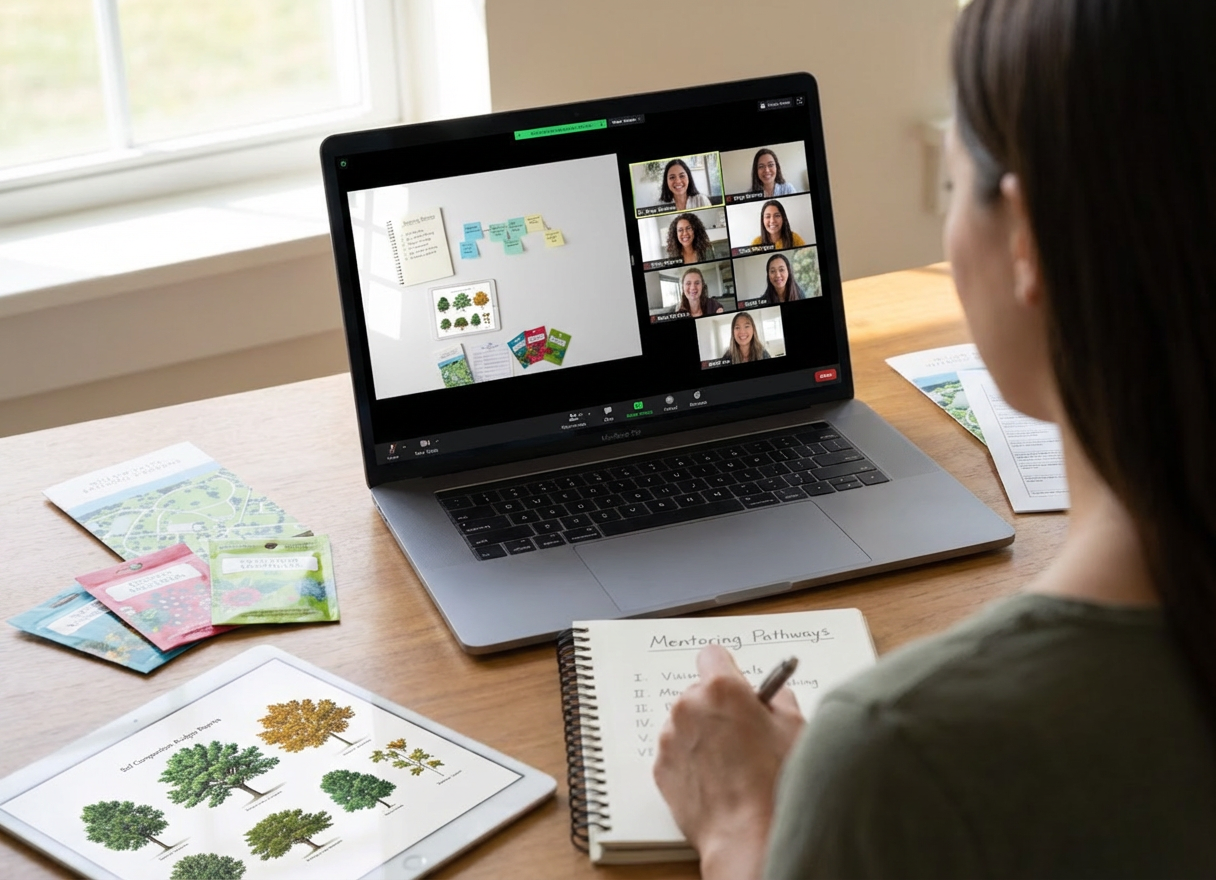 A woman attending a virtual gardening mentoring session on her laptop while taking notes.